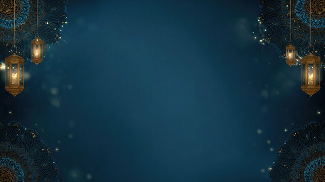 Blue and gold Ramadan lantern background with empty space