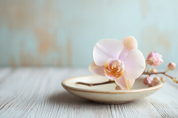 Delicate orchid blossom on a small plate, resting on a textured white wooden surface with a soft background.