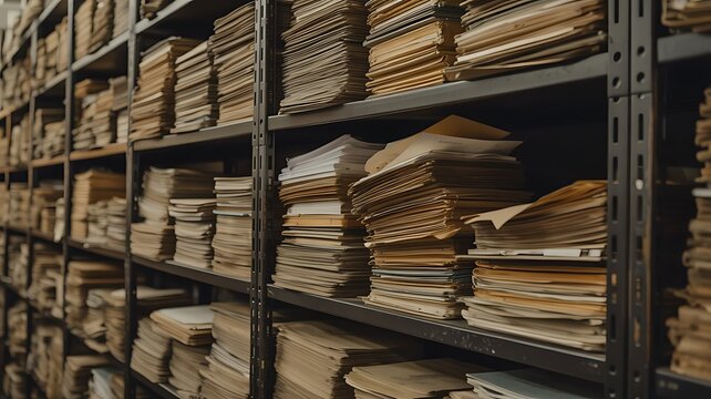 Shelves full of files and documents in an archive storage room for records