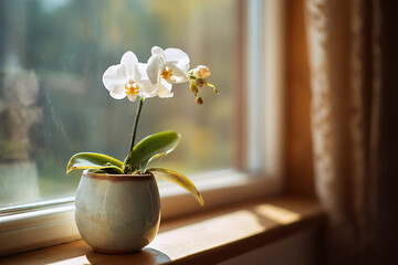 Elegant white orchid in a ceramic pot, bathed in soft sunlight near a window, creating a serene atmosphere.