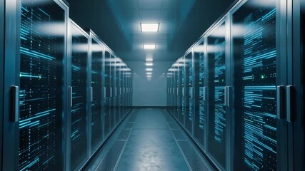 Digital information flows network data servers glass panels server room data center Internet service Digital data streaming network cables multiple servers performance data center information transfer - Powered by Adobe