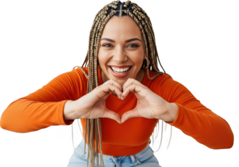 Young woman forming heart shape with hands isolated on transparent background