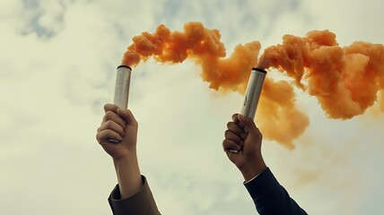 Two hands holding smoke grenades emitting orange smoke against a cloudy sky