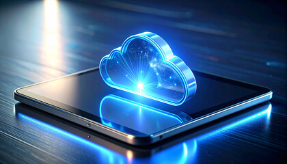 Cloud Computing on Tablet: A futuristic image depicts a digital cloud illuminating above a tablet, representing the modern concept of cloud computing.
