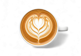 Warm latte art with a heart design, perfect for a comforting coffee break, add a touch of cozy elegance to your designs with this delightful beverage