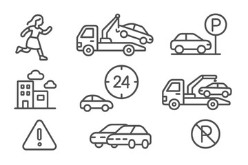 Collection of outline icons for city transport, car parking regulations, and roadside assistance