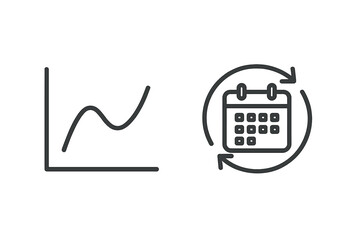 Line graph chart for data analysis and calendar icon with circular arrows for scheduling
