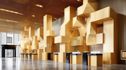 A contemporary interior featuring a large, abstract wooden sculpture with geometric shapes, a sleek reception desk area, and a polished floor reflecting the war