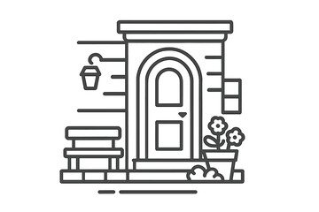 Fototapeta premium Simple outline of a house entrance with front door, small bench, and potted flowers