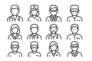 Collection of diverse medical staff avatars and healthcare professional icons in simple outline style