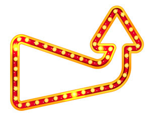 Circus arrow marquee with retro neon bulb light for carnival, theater or casino show. Red and gold illuminated pointer in vintage style for broadway billboard or showtime. Shiny shape vector isolated