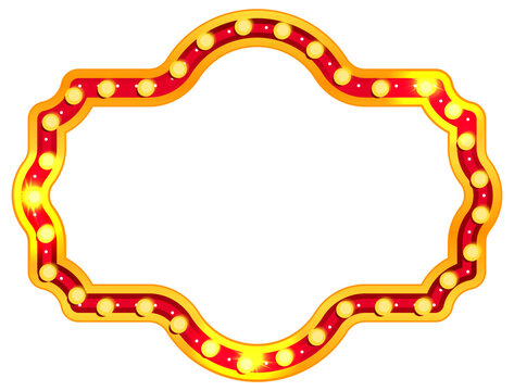 Circus rectangle sign. Marquee light box, carnival or vegas saloon entrance frame. Vintage bulb banner in yellow gold style for concert stage or film festival. Blank signboard isolated on background