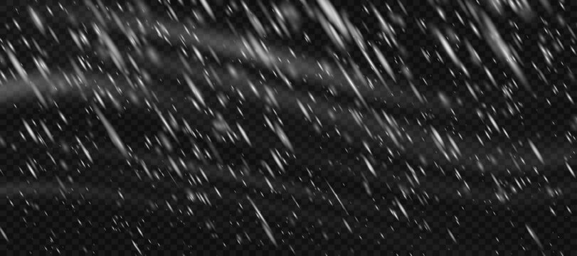 Snowstorm effect snow blizzard with falling transparent white snowflake png overlay. Ice rain texture for cold storm sky or night wind. Isolated dust particle pattern on black background realistic