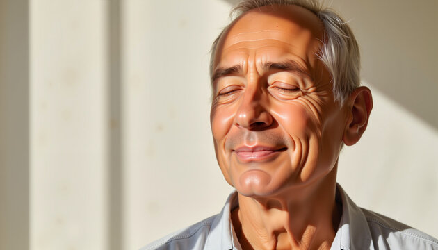 Elderly man with closed eyes, content expression, in serene light, for relaxation themed blogs, with copy space