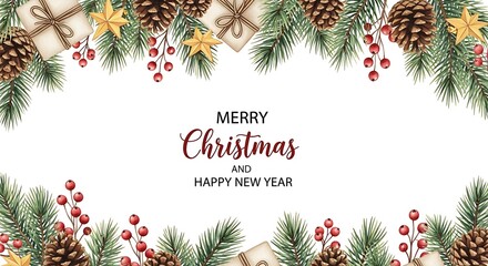 Festive christmas and new year frame with pine cones and berries