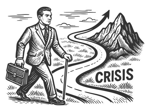 businessman walking with a briefcase toward a mountain labeled Crisis, symbolizing challenge and growth sketch engraving generative ai raster illustration. Scratch board. Black and white image.