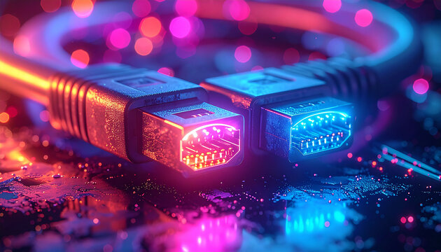 Illuminated HDMI Cables: A close-up shot of two HDMI cables, their connectors glowing with vibrant, neon light, suggesting advanced technology and seamless connectivity.