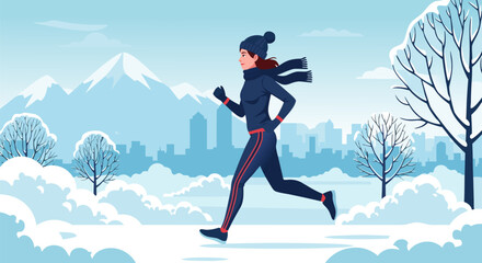 Dynamic woman jogging through a pristine snowy landscape, embracing winter fitness with a distant city silhouette and majestic mountains under a cold sky, an active lifestyle vector illustration