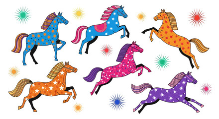 Whimsical Horses with Starry Patterns Colorful Animal Illustration