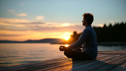 Silhouette meditating in half lotus by water face not shown spiritual practice yoga meditation sunset reflection mindfulness moment inner peace nature connection lake or