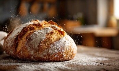 A freshly baked loaf of bread on a wooden surface, dusted with flour, with a warm and rustic look.
