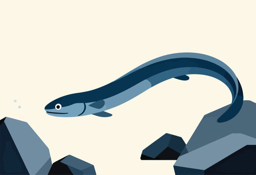 Cartoon illustration depicts a blue eel swimming near abstract rocks. Bubbles are present. Simplistic design against a cream background