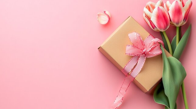 Surprise gift box with delicate pink tulips and ribbon, perfect for celebrating special moments, birthdays, and holidays with heartfelt joy and elegance.