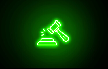 Neon auction sign icon symbol. Neon glowing green color Judge gavel icon on black background. Neon Hammer of justice icon.