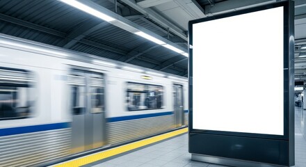 Blank advertising billboard at subway station with blurred train passing by in the background