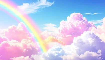 Naklejka premium A vibrant rainbow arches across a soft, fluffy cloudscape in a dreamy, colorful scene. The scene evokes a sense of hope and joy