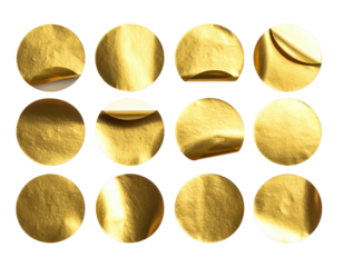 Shiny golden circular foil seals peeling on black