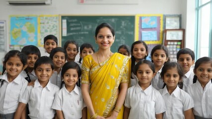 Group of indian children and teacher smiling on camera inside school classroom - Education, young people and students concept - Models by AI generative
