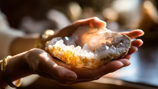 Hands holding backlit agate slice face not visible translucent stone mineral beauty crystal section geological art natural patterns earth formation light through stone bac