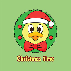 Cute cartoon duck with Santa hat and Christmas wreath illustration with text Christmas Time on green background
