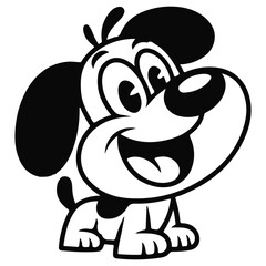 Happy black and white cartoon puppy dog with a cheerful expression, big eyes, and floppy ears, isolated on white background