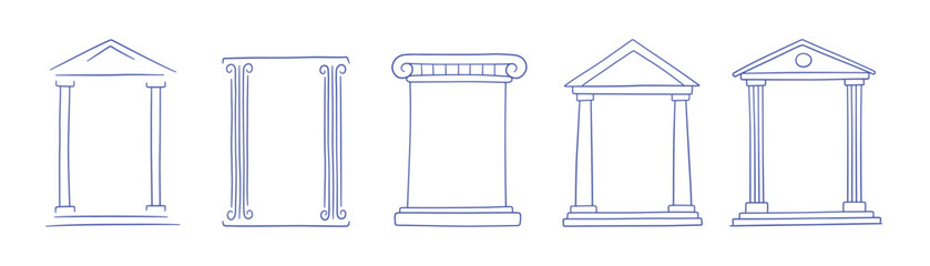 Fototapeta premium Doodle frame in antique Greek style. Hand drawn Roman pillar and Greek column. Ancient museum doodle icon. Hand drawn line border and frame set. Vector illustration isolated on white background.