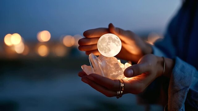 Hands holding crystal under full moon face obscured lunar charging moon magic crystal activation celestial energy moon ritual spiritual practice night sky defocused with