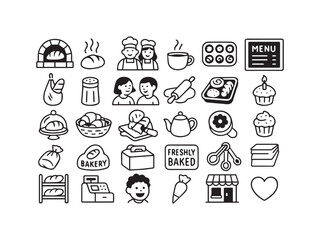 Hand Drawn Bakery and Cafe Vector Icons Set - Freshly Baked Bread Oven and Chef Sketch