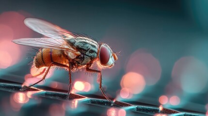 Fly resting on neon honeycomb pattern emitting radiant glow, macro insect detail highlighted against surreal luminous geometric background