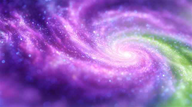 Vibrant swirling purple and green galaxy spiral abstract background, symbolizing cosmic energy, space, imagination, fantasy and futuristic digital art. - Powered by Adobe