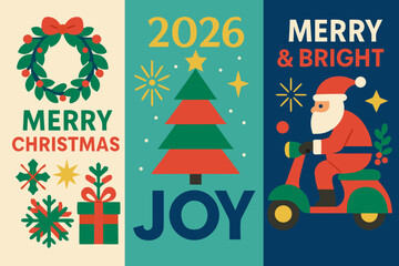 Naklejka premium Vibrant Christmas 2026 holiday themed card design with a festive Santa, holiday wreath, and joyful holiday messages.