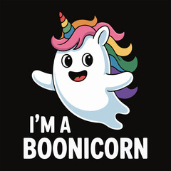 Cute boonicorn character illustration, a cheerful ghostunicorn hybrid with a vibrant rainbow mane and horn