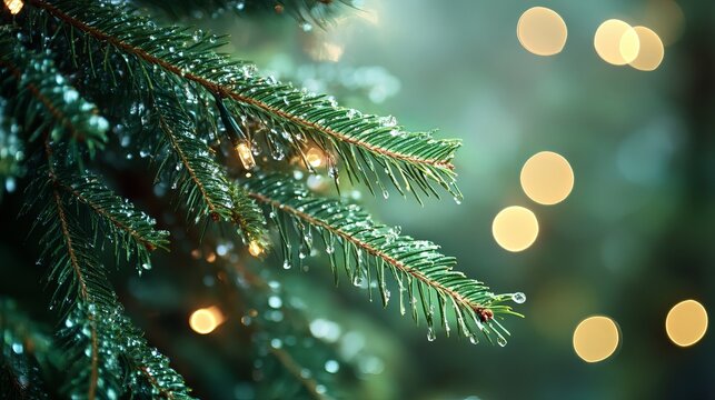Sparkling pine needles glisten with morning dew and soft bokeh lights create a magical winter holiday atmosphere, perfect for festive celebrations and cozy moments. - Powered by Adobe