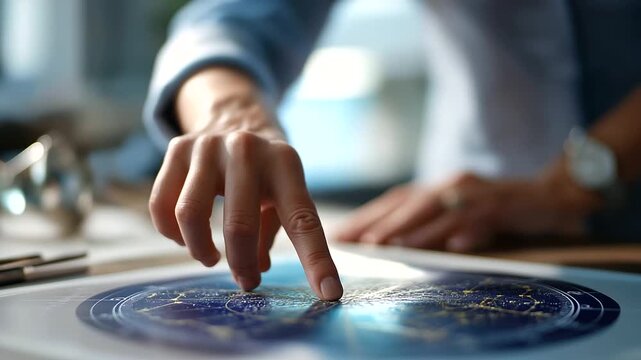 Hands pointing at zodiac wheel chart face not visible astrological reading horoscope consultation celestial signs birth chart analysis astrology practice zodiac forecast