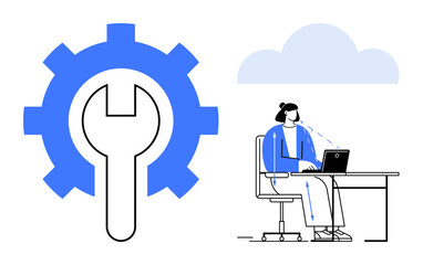 Cloud technology. A person working on a laptop cloud computing and technical support. Cloud technology highlights collaboration, remote access, and scalability. Topics include IT solutions, cloud
