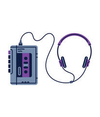 Retro Cassette as Compact Tape Device with Headphones Vector Illustration