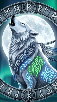 White wolf howling at a full moon with glowing tribal patterns and runic frame under aurora borealis.