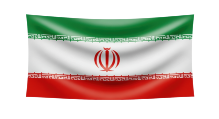 A national flag with green, white, and red horizontal stripes, featuring a stylized red emblem in the center and intricate white script bordering the central band