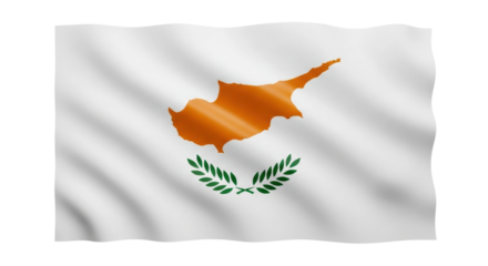 A white national banner with a copper-colored island map and two green olive branches below, waving gently with realistic fabric texture and folds
