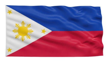 A national banner featuring a white triangle with a golden sun and three stars, alongside horizontal stripes of royal blue and scarlet red, waving with realistic fabric folds